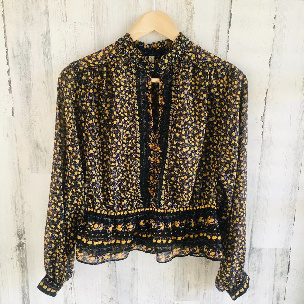 NWOT Free People Blouse Chiffon Top Beaded High Neck Black Floral Print XS Sheer